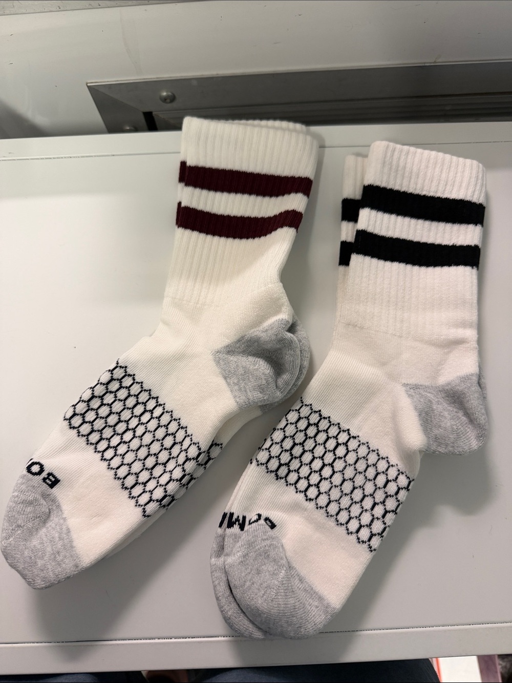 Bombas Men's Athletic Crew Socks in White with Black & Maroon Stripes